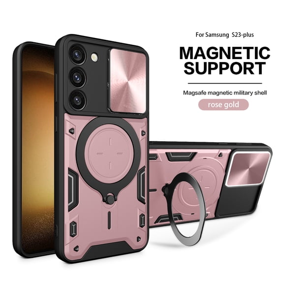 Rugged Case for Samsung Galaxy A35 Heavy Duty Case with Hidden Bracket Camera Lens Sliding Cover, Military Grade Magnetic Car Mount Holder Shockproof Lens Protection Case, Pink