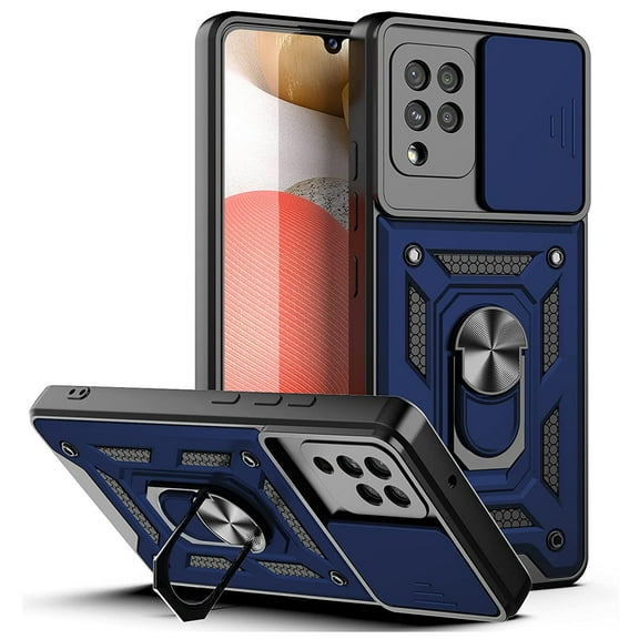 Rugged Case for Samsung Galaxy A42 5G Shockproof Phone Case with Camera Lens Slide Cover and Ring Holder Kickstand, Support Magnet Car Mount, Military Grade Heavy Duty Protection Cover, Blue