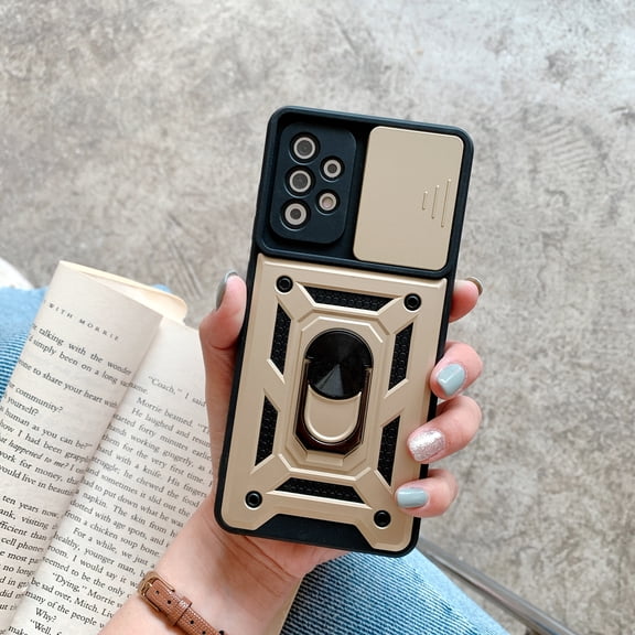 Rugged Case for Samsung Galaxy A42 5G Shockproof Phone Case with Camera Lens Slide Cover and Ring Holder Kickstand, Support Magnet Car Mount, Military Grade Heavy Duty Protection Cover, Gold