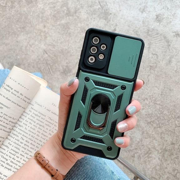 Rugged Case for Samsung Galaxy A42 5G Shockproof Phone Case with Camera Lens Slide Cover and Ring Holder Kickstand, Support Magnet Car Mount, Military Grade Heavy Duty Protection Cover, Green