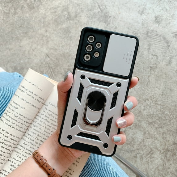 Rugged Case for Samsung Galaxy A42 5G Shockproof Phone Case with Camera Lens Slide Cover and Ring Holder Kickstand, Support Magnet Car Mount, Military Grade Heavy Duty Protection Cover, Silver