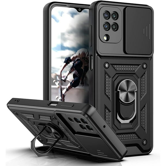 Rugged Case for Samsung Galaxy A42 5G Shockproof Phone Case with Camera Lens Slide Cover and Ring Holder Kickstand, Support Magnet Car Mount, Military Grade Heavy Duty Protection Cover, Black