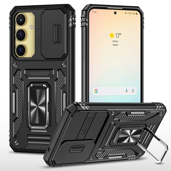 Rugged Case for Samsung Galaxy A55, Sliding Lens Camera Cover Protection Ring Stand Compatible with Magnetic Car Mount Military Grade Shockproof Hybrid Case for Samsung Galaxy A55, Black