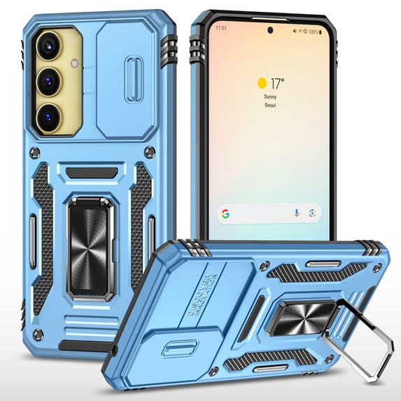 Rugged Case for Samsung Galaxy A55, Sliding Lens Camera Cover Protection Ring Stand Compatible with Magnetic Car Mount Military Grade Shockproof Hybrid Case for Samsung Galaxy A55, Lightblue
