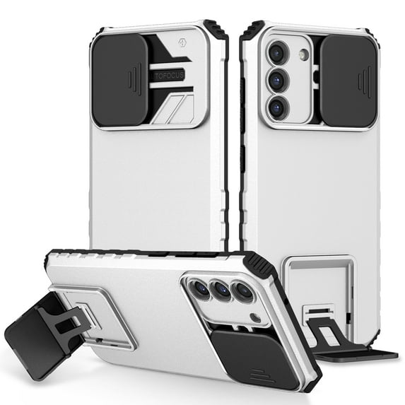 Rugged Case for Samsung Galaxy S24 Plus Camera Lens Sliding Cover, Hidden Bracket Kickstand Hybrid PC + TPU Military Grade Heavy Duty Shockproof Case for Samsung Galaxy S24 Plus, White