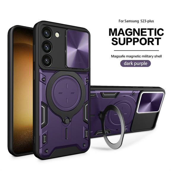 Rugged Case for Samsung Galaxy S24 Plus Heavy Duty Case with Hidden Bracket Camera Lens Sliding Cover, Military Grade Magnetic Car Mount Holder Shockproof Lens Protection Case, Purple