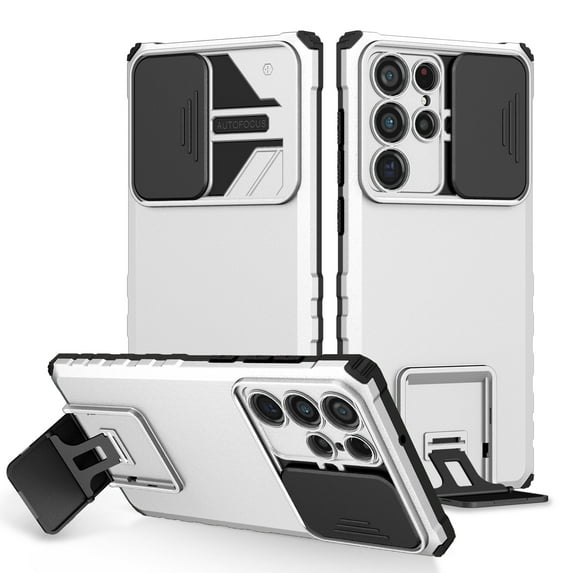 Rugged Case for Samsung Galaxy S24 Ultra Camera Lens Sliding Cover, Hidden Bracket Kickstand Hybrid PC + TPU Military Grade Heavy Duty Shockproof Case for Samsung Galaxy S24 Ultra, White