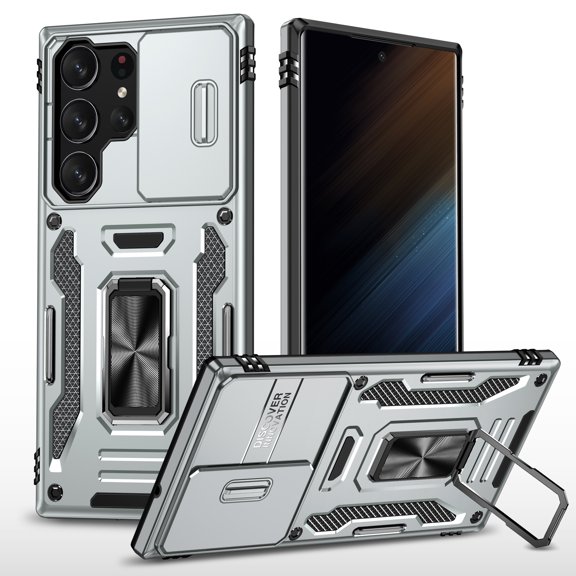 Rugged Case for Samsung Galaxy S25 Edge, Sliding Lens Camera Cover Protection, Ring Kickstand Compatible with Magnetic Car Mount, Military Grade Protection Hybrid Shockproof Phone Case, Gray