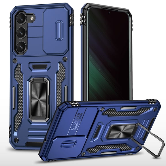 Rugged Case for Samsung Galaxy S25+, Sliding Lens Camera Cover Protection, Ring Kickstand Compatible with Magnetic Car Mount, Military Grade Protection Hybrid Shockproof Phone Case, Navyblue