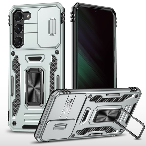 Rugged Case for Samsung Galaxy S25, Sliding Lens Camera Cover Protection, Ring Kickstand Compatible with Magnetic Car Mount, Military Grade Protection Hybrid Shockproof Phone Case, Gray