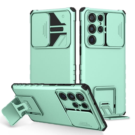 Rugged Case for Samsung Galaxy S25 Ultra Camera Lens Sliding Cover, Hidden Bracket Kickstand Hybrid PC + TPU Military Grade Heavy Duty Shockproof Case for Samsung Galaxy S25 Ultra, Lightblue