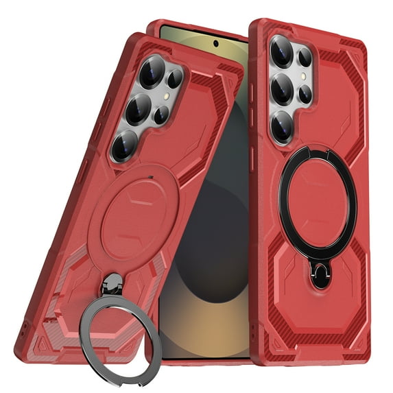 Rugged Case for Samsung Galaxy S25 Ultra, Heavy Duty 360° Rotating Strong Magnetic Stand Hard Cover Anti-Shock Armor Slim Anti-fall Phone Case Cover for Samsung Galaxy S25 Ultra, Red