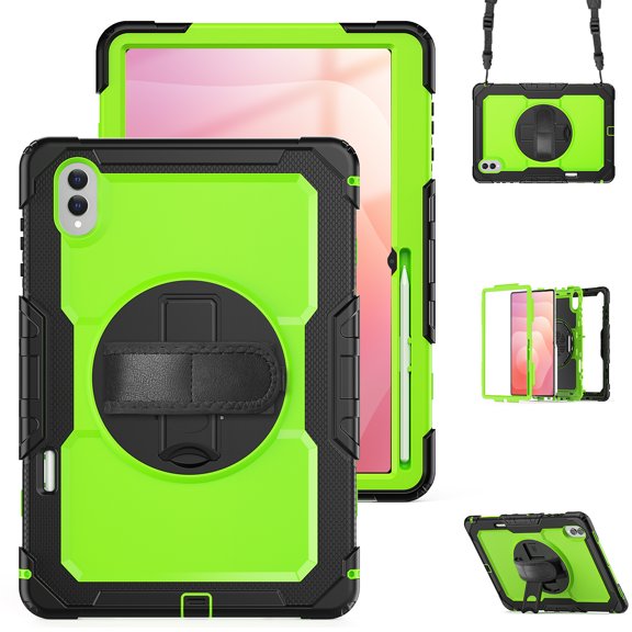 Rugged Case for Samsung Galaxy Tab S11 11" SM-X730 X736B 2025, with Build in Screen Protector & Shoulder Strap Heavy Duty Shockproof Hand Strap Rotating Kicsktand Bumper Cover, Green+Black