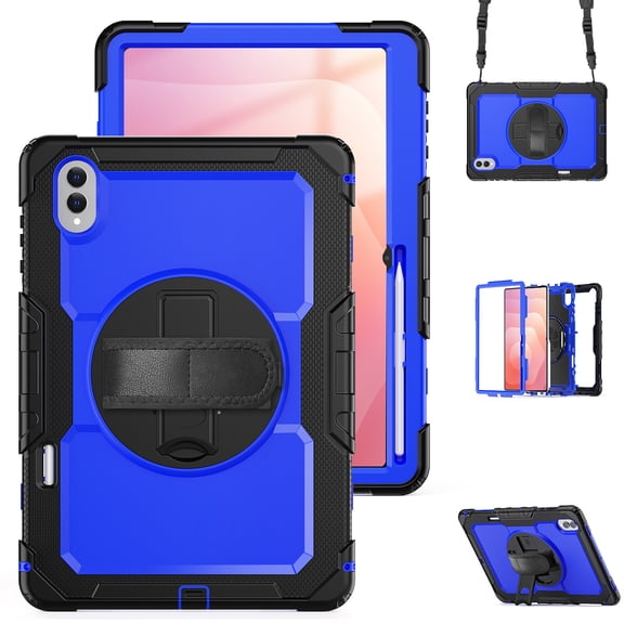 Rugged Case for Samsung Galaxy Tab S11 Ultra 14.6" SM-X930 X936B 2025, with Build in Screen Protector & Shoulder Strap Heavy Duty Shockproof Hand Strap Rotating Kicsktand Bumper Cover, Blue+Black