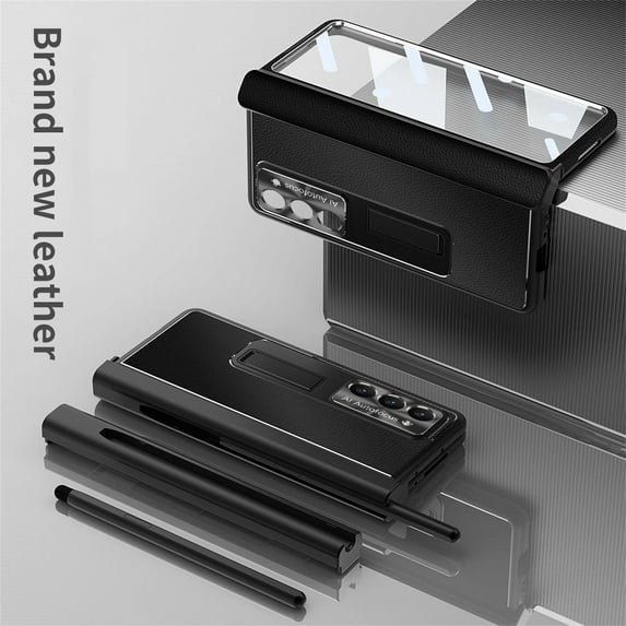 Rugged Case for Samsung Galaxy Z Fold 3, Hinge Protection Built-in Screen Protector Full Body Shockproof Plating Leather Hidden Stand Case with Stylus for Samsung Z Fold 3,Black