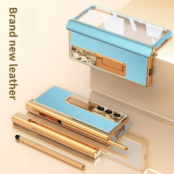 Rugged Case for Samsung Galaxy Z Fold 4, Hinge Protection Built-in Screen Protector Full Body Shockproof Plating Leather Hidden Stand Case with Stylus for Samsung Z Fold 4,Blue+Gold