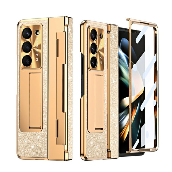Rugged Case for Samsung Galaxy Z Fold 5 5G with Screen Protector, for Samsung Galaxy Z Fold 5 5G Case for Women Girls Glitter Sprakle Bling Anti-Slip Shockproof Hinge Protection Fold Cover, Gold