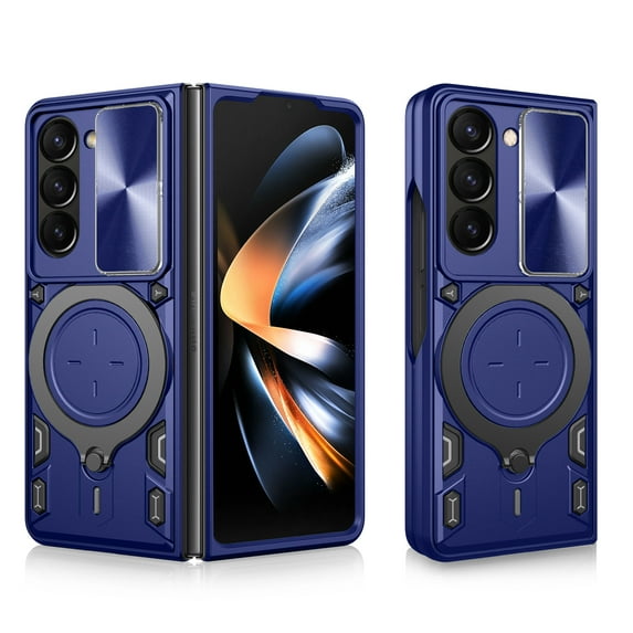 Rugged Case for Samsung Galaxy Z Fold 6, Case with Ring Stand, Camera Lens Sliding Cover, Support Magnetic Car Mount Holder, Shockproof Protective Case for Samsung Galaxy Z Fold 6, Blue