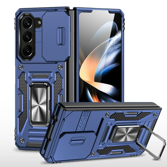 Rugged Case for Samsung Galaxy Z Fold 7, Sliding Lens Camera Cover Protection, Ring Kickstand Support Magnetic Car Mount, Military Grade Protection Hybrid Shockproof Phone Case, Navyblue