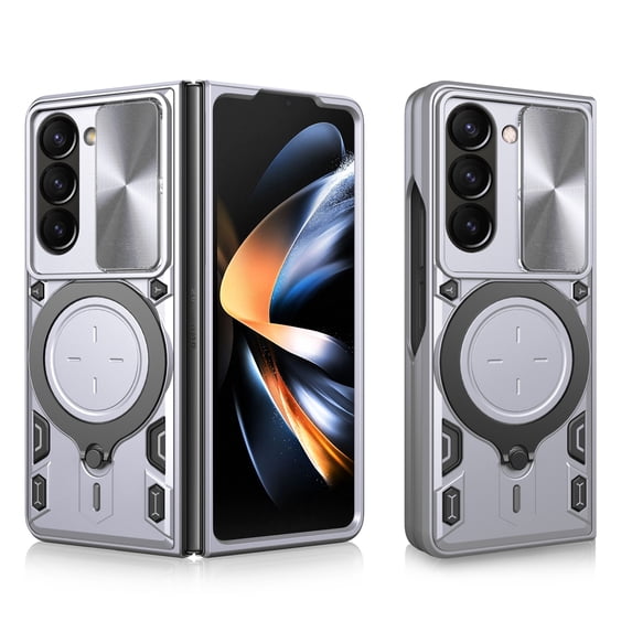 Rugged Case for Samsung Galaxy Z Fold5 Heavy Duty Case with Hidden Stand Camera Lens Sliding Cover, Military Grade Magnetic Car Mount Holder Shockproof Lens Protection Case for Galaxy Z Fold5,Silver