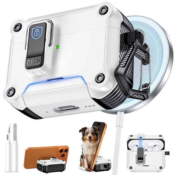Rugged Case for AirPods Pro 3rd Generation, Secure Lock with Phone Stand Automatic Snap Switch Secure Cover with Cleaning Kit,White