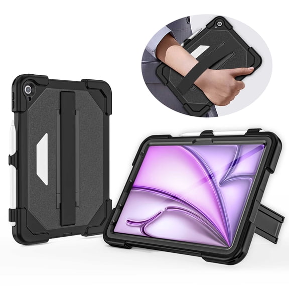 Rugged Case for Apple iPad Air 11 Inch M4 M3 M2 2026 2025 2024, with Build in Screen Protector & Pencil Holder Kickstand Hand Strap Cover, Black