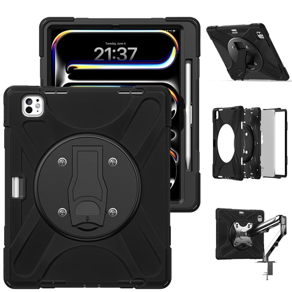 XYX Rugged Case for iPad Pro 13 inch (M5 2025/M4 2024), Dropproof Cover with VESA 75x75mm, 360 Rotation Kickstand & Shoulder Strap & Screen Protector