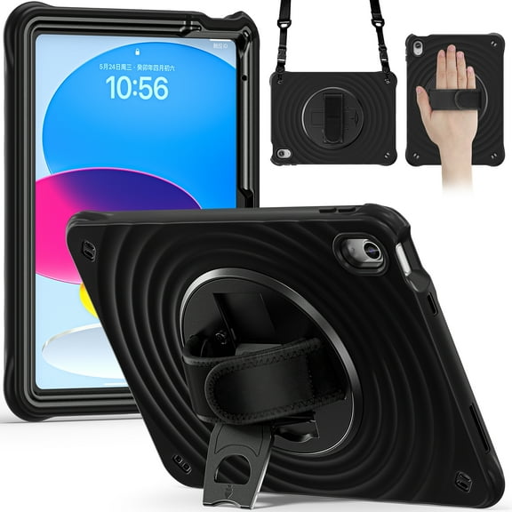 Rugged Case for iPad 10th Generation 10.9 Inch 2022, Heavy Duty Shockproof Rugged Cover with Hand Strap 360 Degree Rotatable Kickstand Protective with Shoulder Strap for iPad 10.9 Case, Black