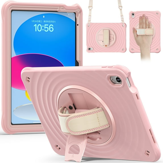 Rugged Case for iPad 10th Generation 10.9 Inch 2022, Heavy Duty Shockproof Rugged Cover with Hand Strap 360 Degree Rotatable Kickstand Protective with Shoulder Strap for iPad 10.9 Case, Pink