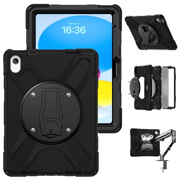 XYX Rugged Case for iPad 11th/10th Gen 11/10.9 inch 2025/2022, Dropproof Cover with VESA 75x75mm, 360 Rotation Kickstand & Shoulder Strap & Screen Protector