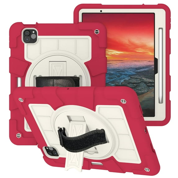 Rugged Case for iPad Air 11 Inch 2024 A2902/A2899/A2900, Heavy Duty Protection Case with Shoulder Strap + Pencil Holder + 360° Rotating Hand Strap + Kickstand 3 In 1 Cover, Red