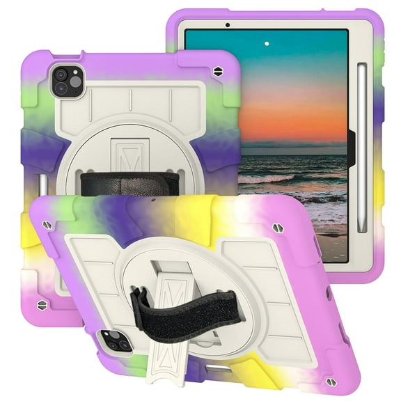 Rugged Case for iPad Air 11 Inch 2024 A2902/A2899/A2900, Heavy Duty Protection Case with Shoulder Strap + Pencil Holder + 360° Rotating Hand Strap + Kickstand 3 In 1 Cover, Lavender