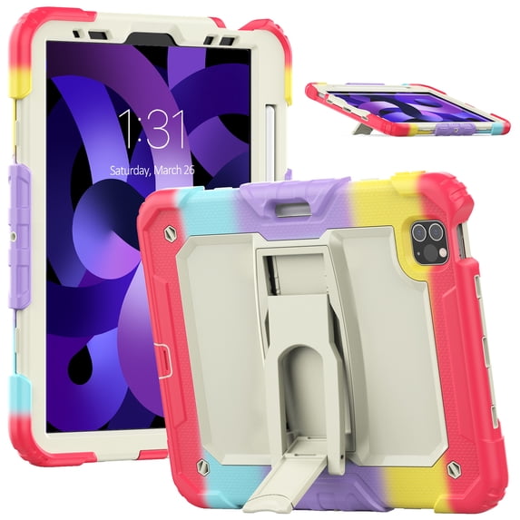 Rugged Case For iPad Pro 11 2022/2021/2020/2018 – 3-Layer Protection Shockproof Stand Cover with Screen Protector, Adjustable Stand, Shoulder Strap, & Pencil Holder -- Colorful Red