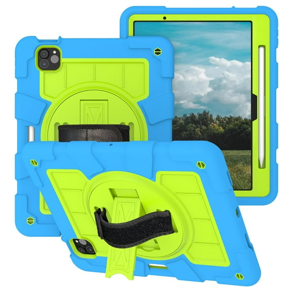 Rugged Case for iPad Pro 11 Inch 5th Generation 2024 (A2837 / A3006), Heavy Duty Protection Case with Shoulder Strap + Pencil Holder + 360° Rotating Hand Strap + Kickstand 3 In 1 Cover, Blue