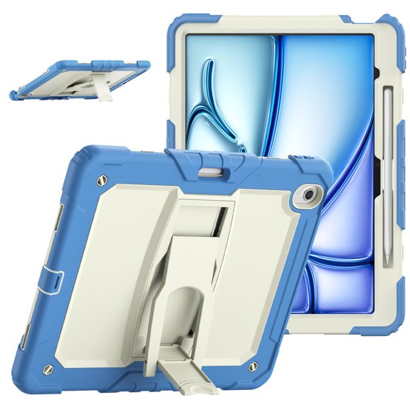 Rugged Case For iPad Pro 12.9 2021 – 3-Layer Protection Shockproof Stand Cover with Screen Protector, Adjustable Stand, Shoulder Strap, & Pencil Holder -- Skyblue