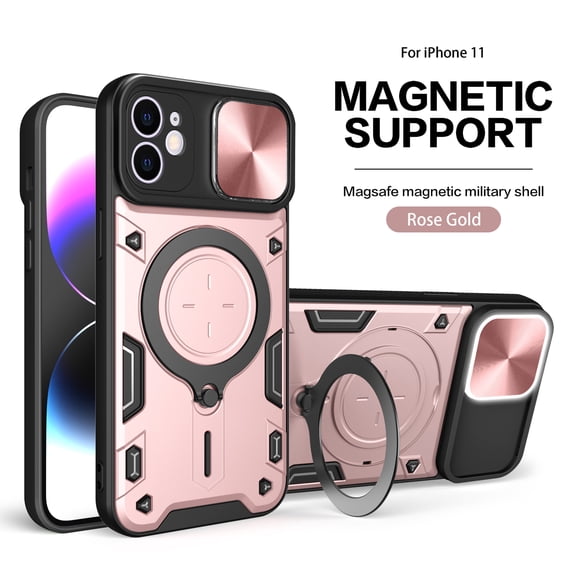 Rugged Case for iPhone 11 Heavy Duty Case with Hidden Bracket Camera Lens Sliding Cover, Military Grade Magnetic Car Mount Holder Shockproof Lens Protection Case for iPhone 11, Pink