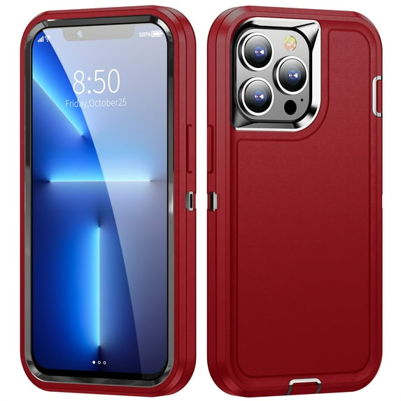 Rugged Case for iPhone 13 Pro Max, Heavy Duty Hybrid PC + TPU Military Grade Shockproof Cover, Non-Slip Strip Lens Protection Soft Rubber Lining Case for iPhone 13 Pro Max, Red