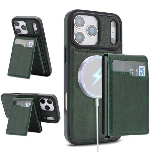 Rugged Case for iPhone 14, PU Leather + TPU Magnetic Cover with Detachable Card Slots / SIM Slot Kickstand Ultra Slim 360° Powerful Protection Anti-fall Phone Case, Green