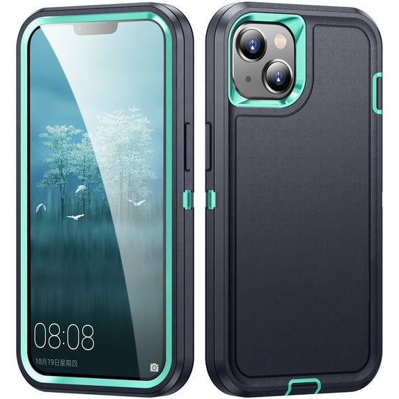 Rugged Case for iPhone 15, Heavy Duty Hybrid PC + TPU Military Grade Shockproof Cover, Non-Slip Strip Lens Protection Soft Rubber Lining Case for iPhone 15, Black+Green