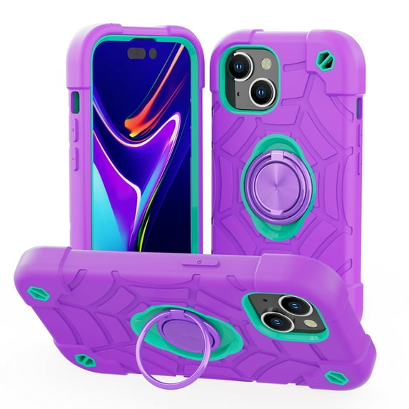 Rugged Case for iPhone 15 Plus Ring Holder Kickstand Cover with Screen Protective Film, Heavy Duty Triple-Layers Military Grade Hybrid Shockproof Drop Resistant Case, Purple+Mint
