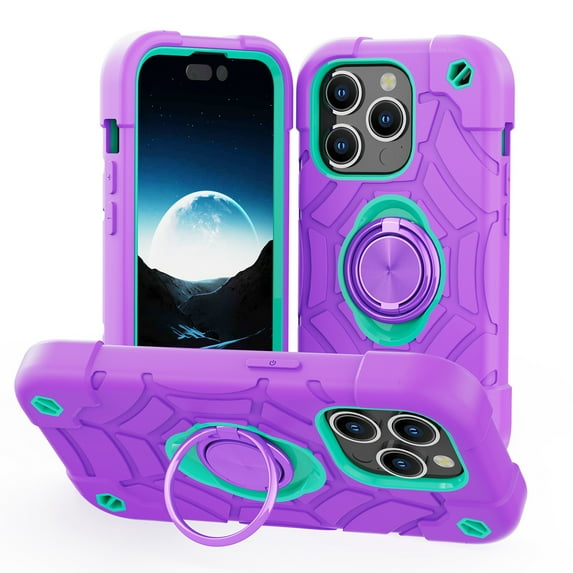 Rugged Case for iPhone 15 Pro Max Ring Holder Kickstand Cover with Screen Protective Film, Heavy Duty Triple-Layers Military Grade Hybrid Shockproof Drop Resistant Case, Purple+Mint