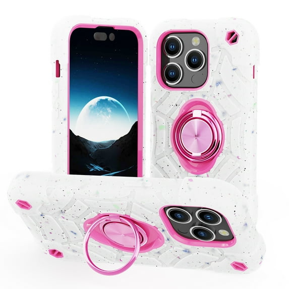 Rugged Case for iPhone 15 Pro Ring Holder Kickstand Cover with Screen Protective Film, Heavy Duty Triple-Layers Military Grade Hybrid Shockproof Drop Resistant Case, White+Pink