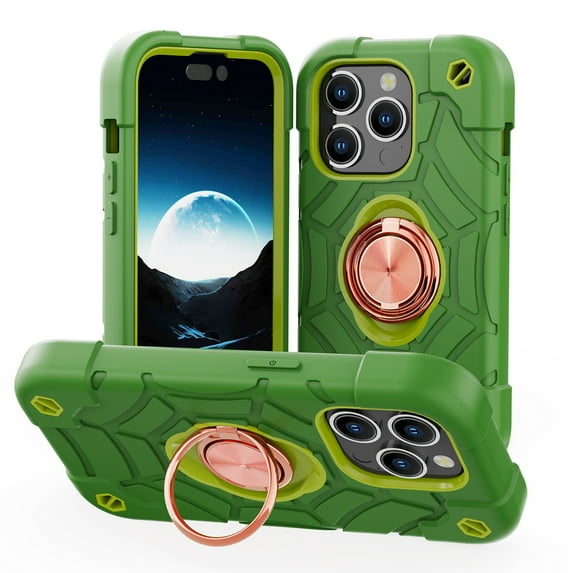 Rugged Case for iPhone 15 Pro Ring Holder Kickstand Cover with Screen Protective Film, Heavy Duty Triple-Layers Military Grade Hybrid Shockproof Drop Resistant Case, Green+Gold