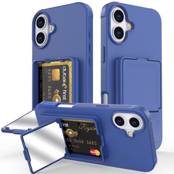 Rugged Case for iPhone 16 with Mirror, Hard PC Shockproof Cover with Hidden Cash Slot & Card Holder, Kickstand Durable Wallet Lens Raised Protection Case for Men & Women,Blue