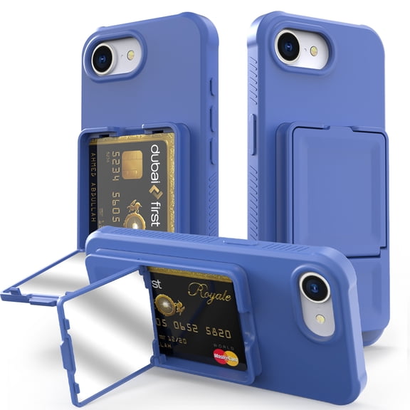 Rugged Case for iPhone 16e/17e with Mirror, Hard PC Shockproof Cover with Hidden Cash Slot & Card Holder, Kickstand Durable Wallet Lens Raised Protection Case for Men & Women,Blue