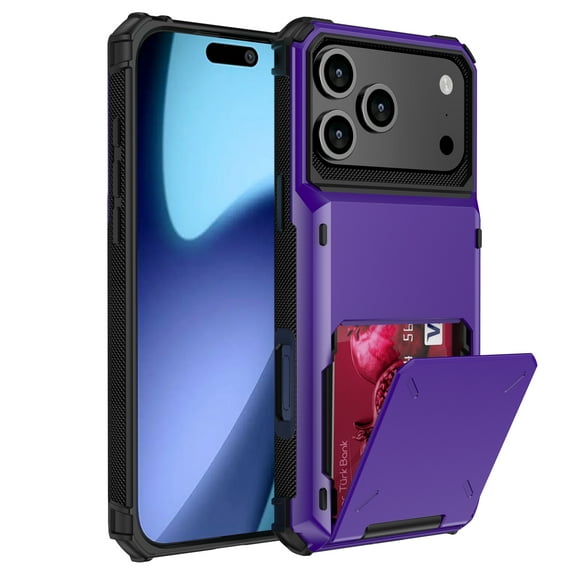 Rugged Case for iPhone 17 Pro Wallet with Hidden Card Holder Case, Hybrid 2-in-1 Dual Layers Military Grade Protection Shockproof Heavy Duty Phone Cover for iPhone 17 Pro, Purple