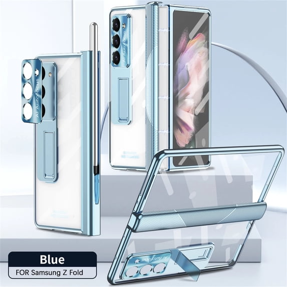 Rugged Clear Case for Samsung Galaxy Z Fold 3 with Magnetic Hinge Protection Built-in Screen Protector, with Stylus Hidden Kickstand Lens Protection Plating Shockproof Luxury Case,Blue