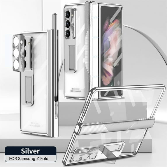 Rugged Clear Case for Samsung Galaxy Z Fold 4 with Magnetic Hinge Protection Built-in Screen Protector, with Stylus Hidden Kickstand Lens Protection Plating Shockproof Luxury Case,Silver