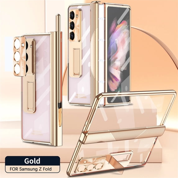 Rugged Clear Case for Samsung Galaxy Z Fold 5 with Magnetic Hinge Protection Built-in Screen Protector, with Stylus Hidden Kickstand Lens Protection Plating Shockproof Luxury Case,Gold
