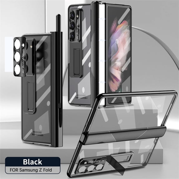 Rugged Clear Case for Samsung Galaxy Z Fold 5 with Magnetic Hinge Protection Built-in Screen Protector, with Stylus Hidden Kickstand Lens Protection Plating Shockproof Luxury Case,Black